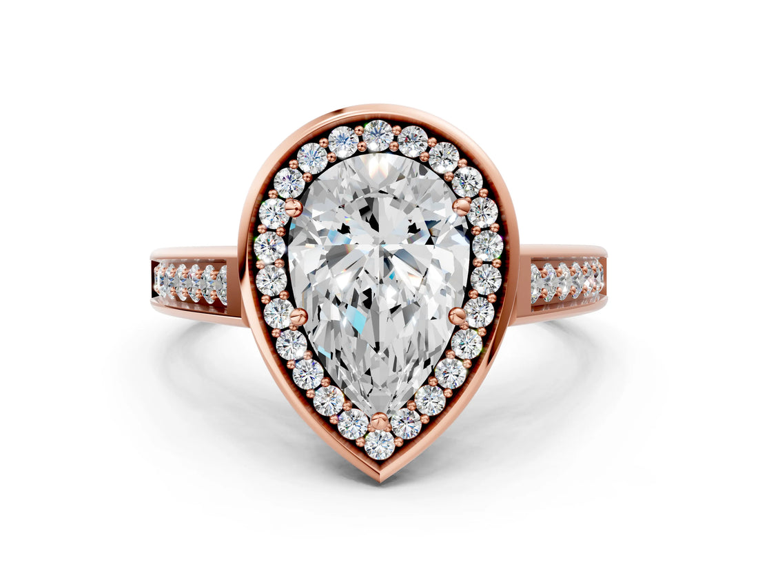 Rose gold Pear Halo Solitaire Diamond Ring with Pave Band and Bezel Setting_48