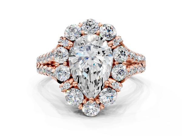 Rose gold Pear Halo Split Shank Diamond Engagement Ring with Pave Band and Four-Prong Setting