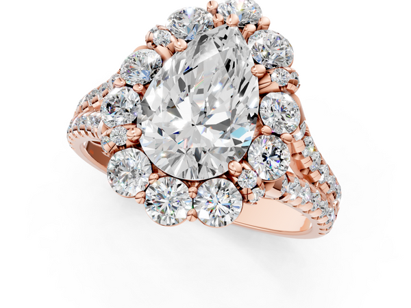 Rose gold Pear Halo Split Shank Diamond Engagement Ring with Pave Band and Four-Prong Setting