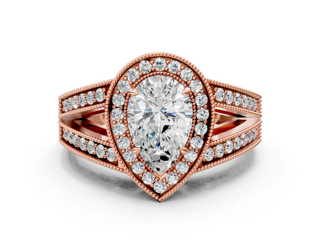 Rose gold Pear Halo Split Shank Diamond Ring with Milgrain Prong Setting_6