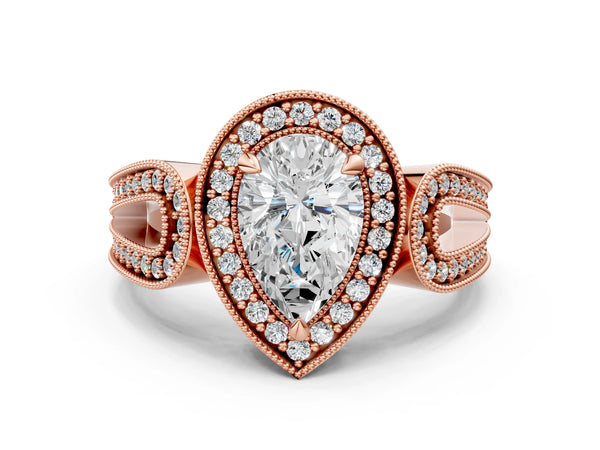 Rose gold Pear Halo Split Shank Milgrain Diamond Ring