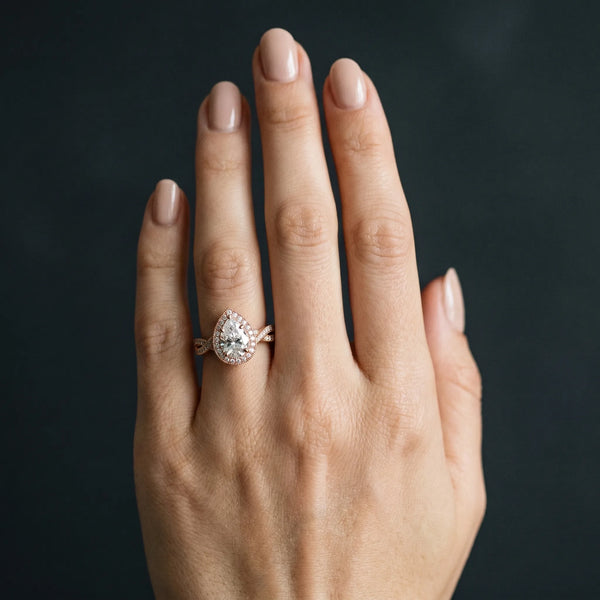 Rose gold Pear Halo Split Shank Milgrain Diamond Ring