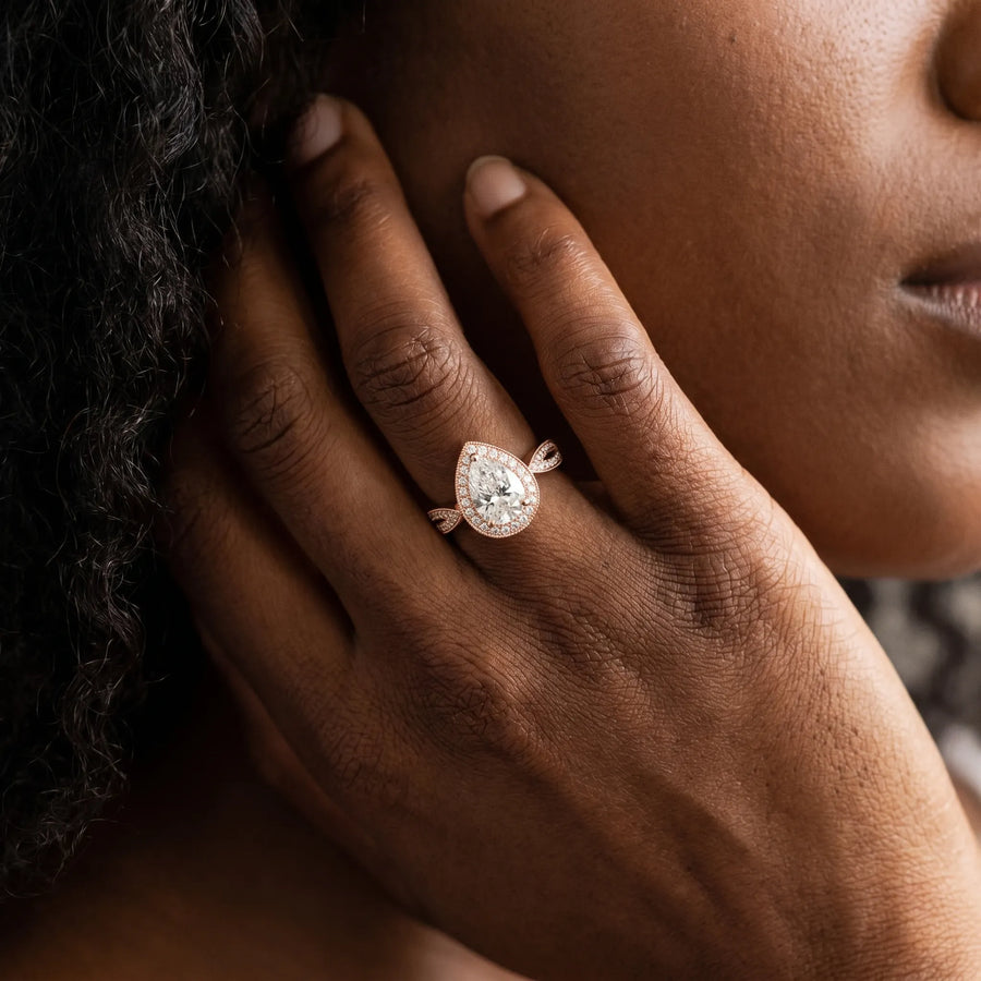 Rose gold Pear Halo Split Shank Milgrain Diamond Ring