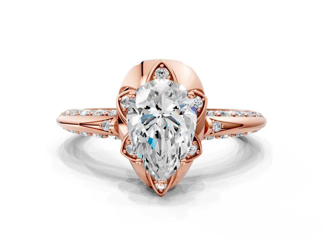 Rose gold Pear Halo Split Shank Pave Diamond Ring with Petal Prong Setting_20