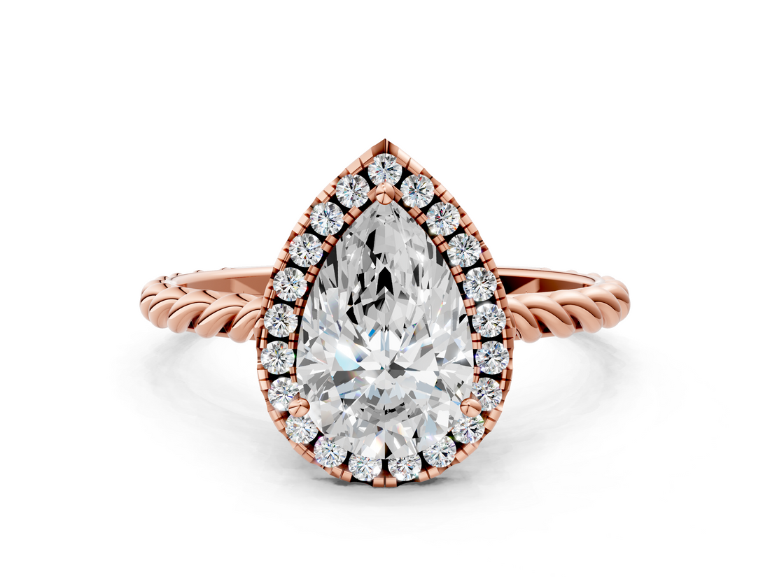 Rose gold Pear Halo Twisted Band Four-Prong Diamond Ring_20