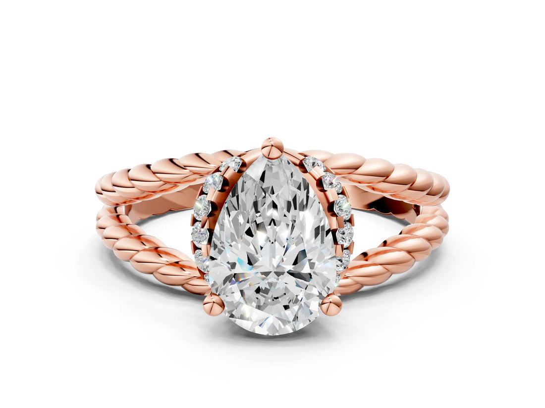 Rose gold Pear Halo Twisted Band Four-Prong Ring_33