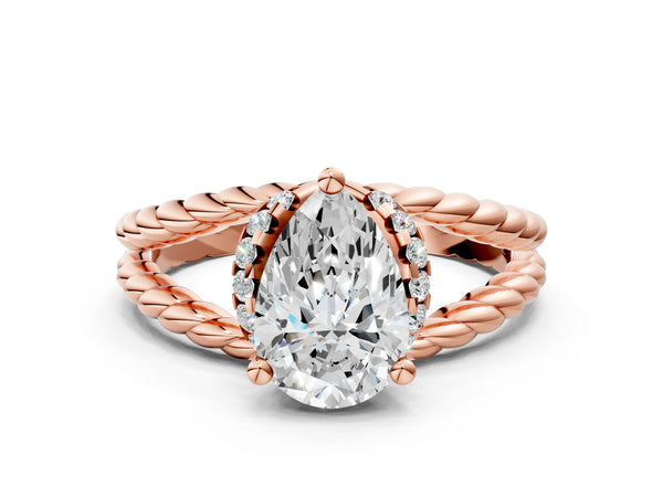 Rose Gold Pear-Shaped Engagement Ring Setting with Twisted Rope Split Shank and Accented Head