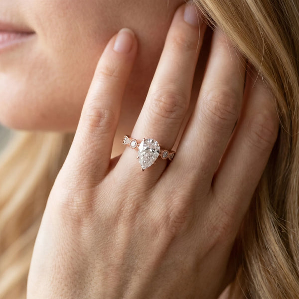 Rose gold Pear Milgrain Bezel Diamond Engagement Ring with Solitaire Prong Setting