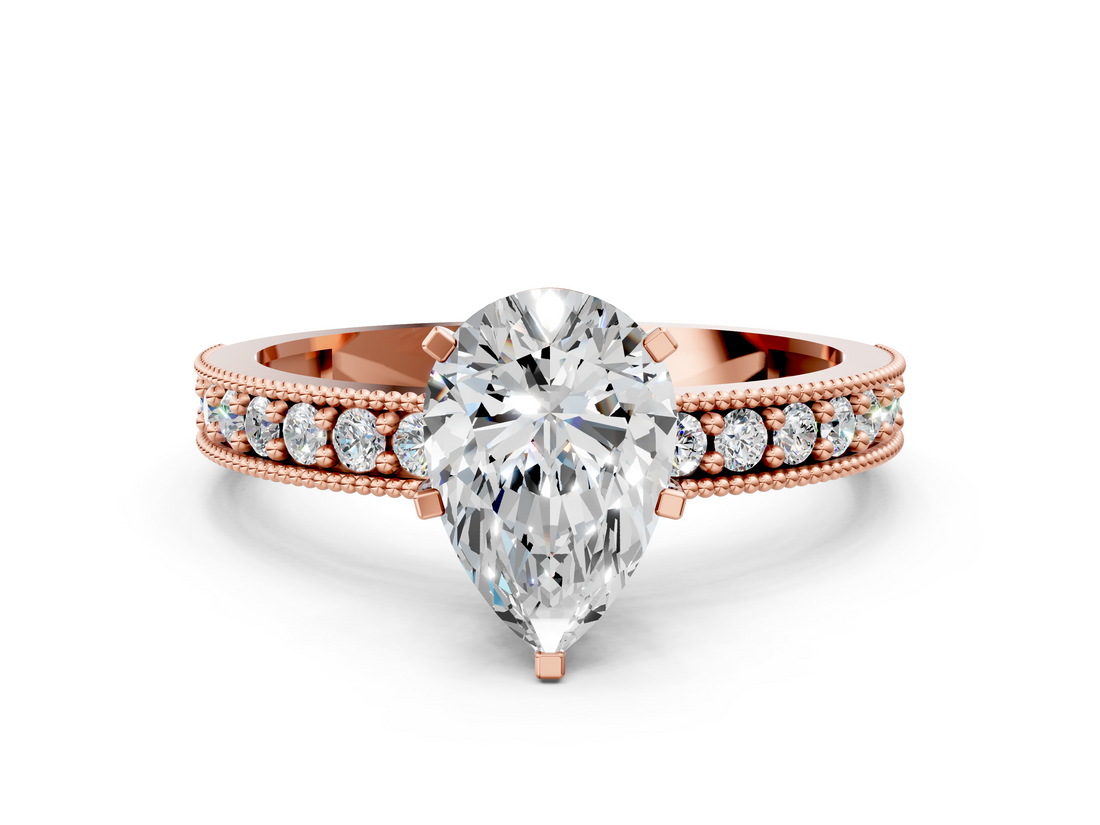 Rose gold Pear Milgrain Pave Diamond Engagement Ring with Four-Prong Setting_138