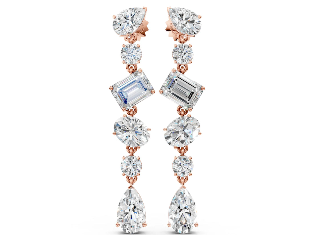Rose gold Pear, Oval, Emerald and Round Diamond Waterfall Drop Earrings_4