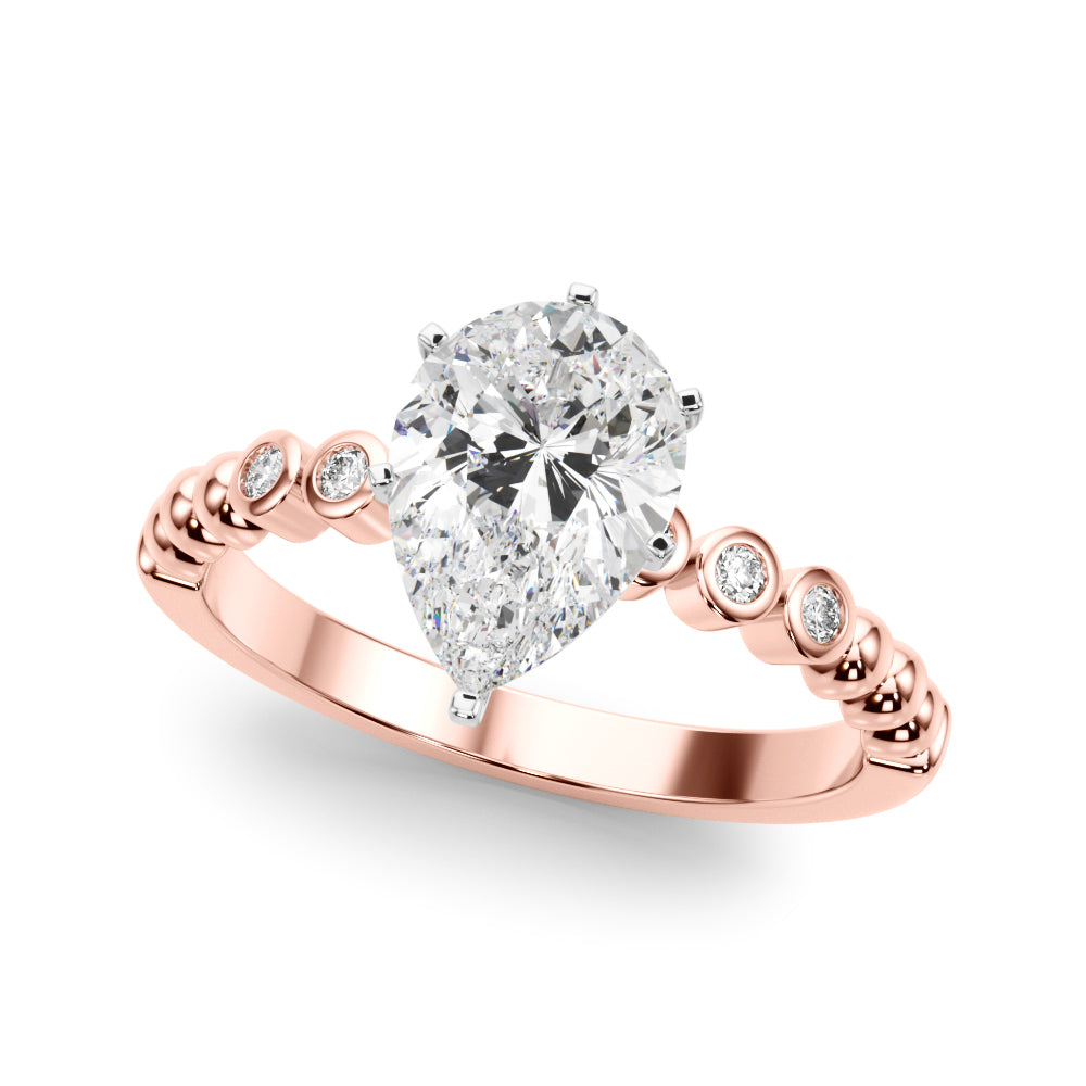 Rose gold Pear Solitaire Bezel Accent Diamond Engagement Ring with Beaded Band and Four-Prong Setting