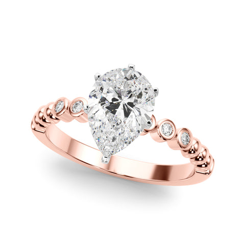 Rose gold Pear Solitaire Bezel Accent Diamond Engagement Ring with Beaded Band and Four-Prong Setting