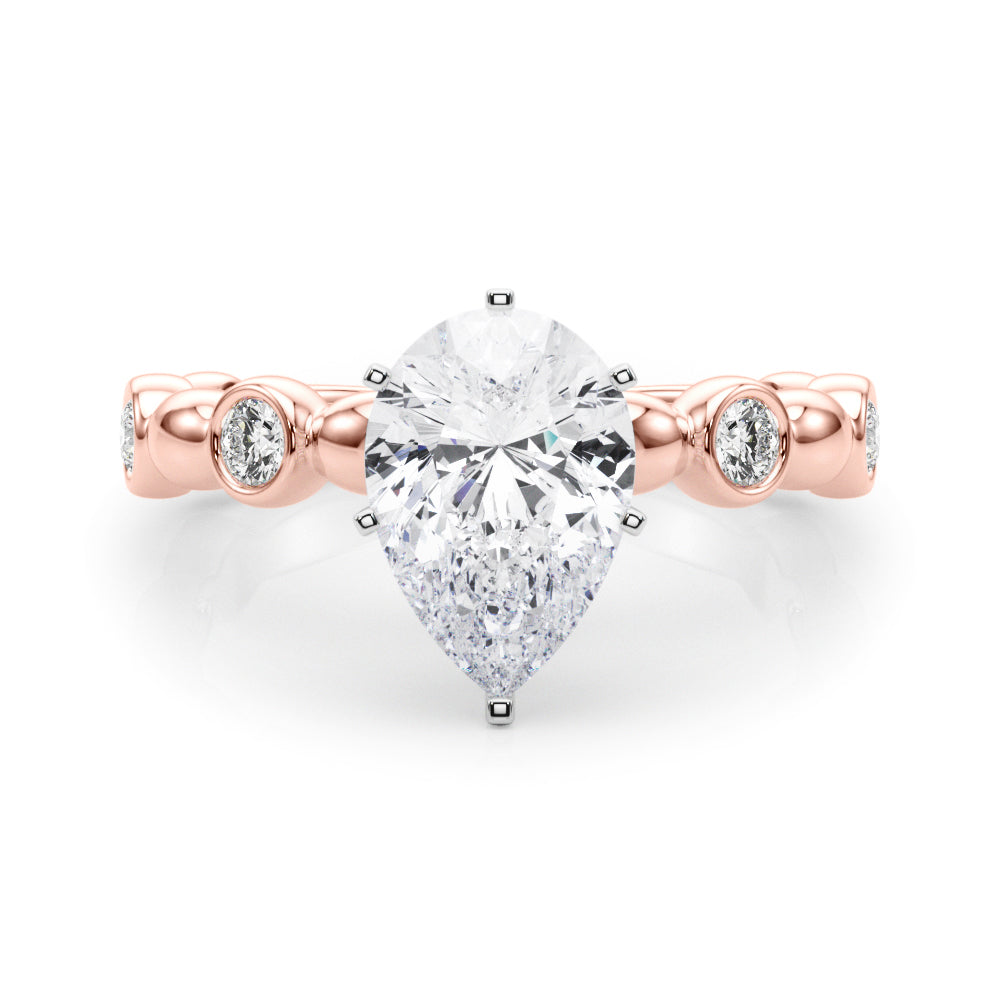 Rose gold Pear Solitaire Bezel-Set Diamond Ring with Beaded Band and Four-Prong Setting 1