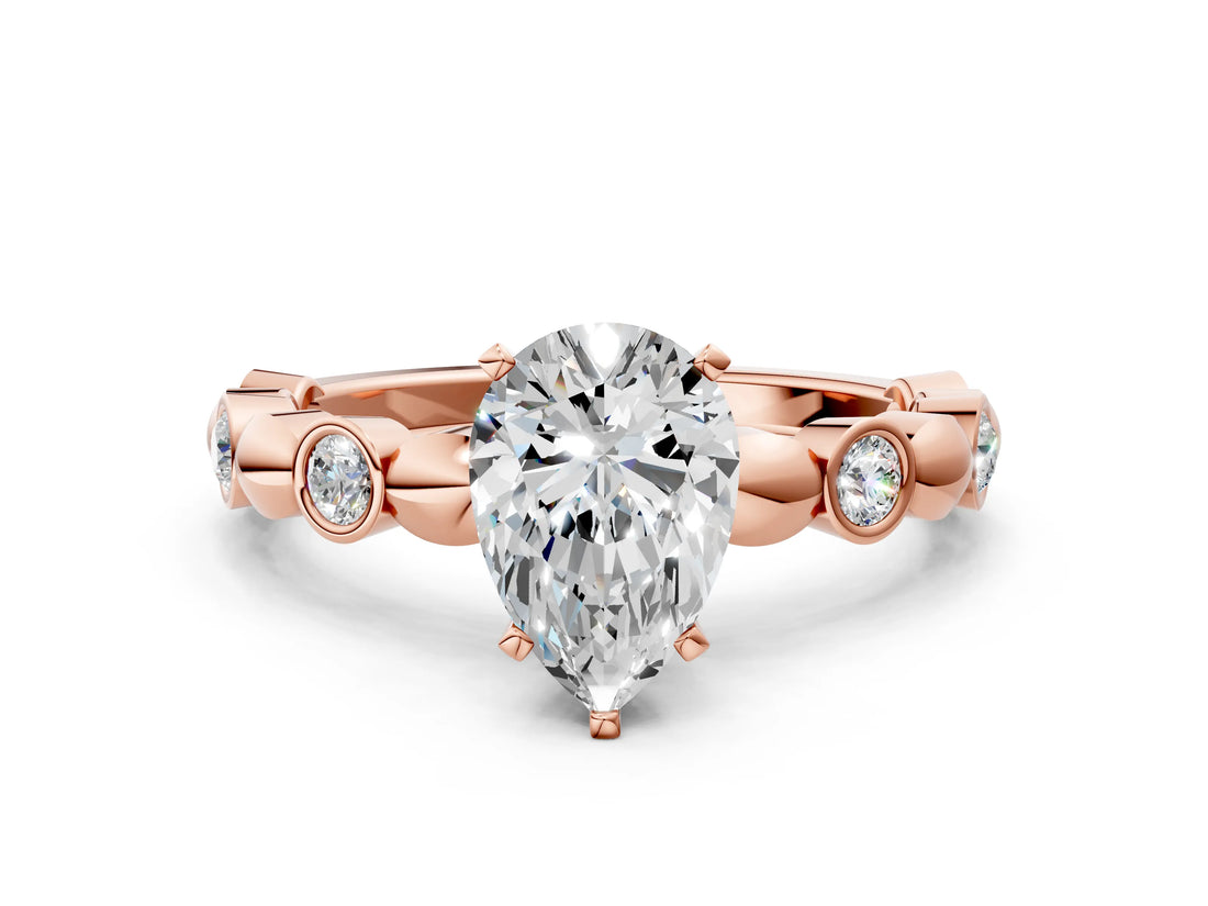 Rose gold Pear Solitaire Bezel-Set Diamond Ring with Beaded Band and Four-Prong Setting_55