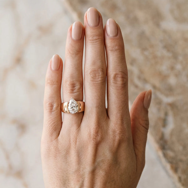 Rose gold Pear Solitaire Bezel Set Diamond Ring with Wide Band