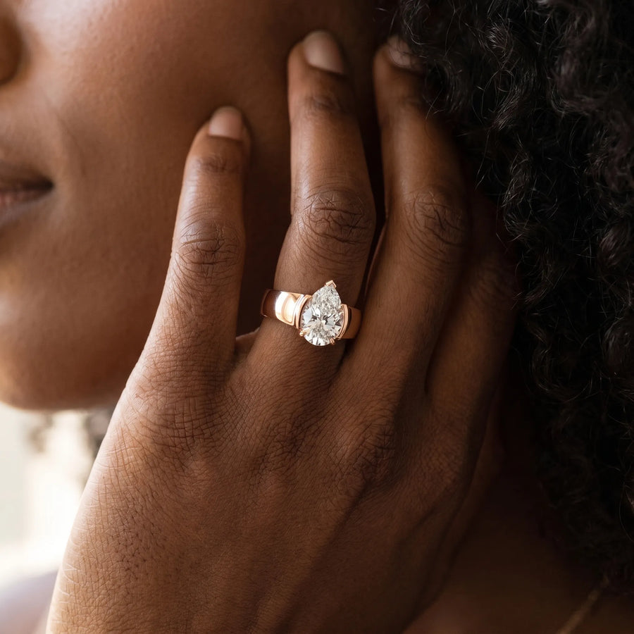 Rose gold Pear Solitaire Bezel Set Diamond Ring with Wide Band