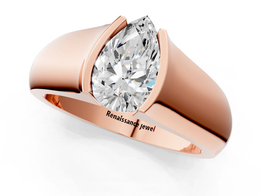 Rose gold Pear Solitaire Bezel Set Diamond Ring with Wide Band