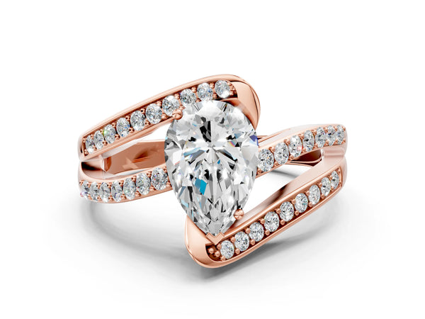 Rose gold Pear Solitaire Bypass Diamond Engagement Ring with Channel-Set Band and Four-Prong Setting