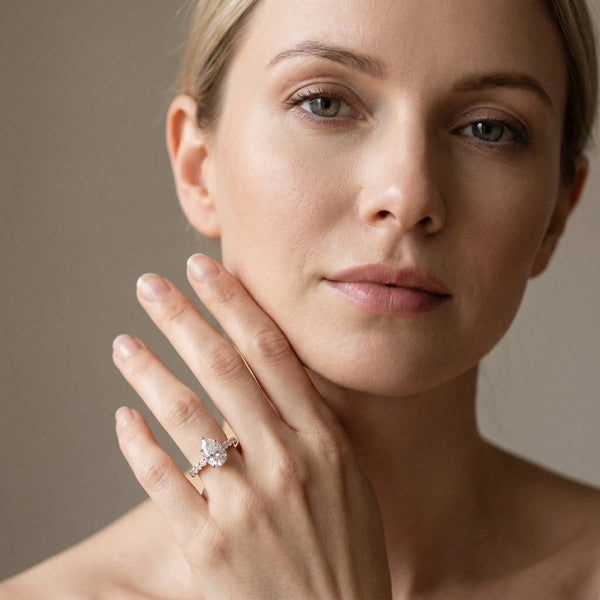 Rose gold Pear Solitaire Diamond Engagement Ring with Pavé Band and Six-Prong Setting