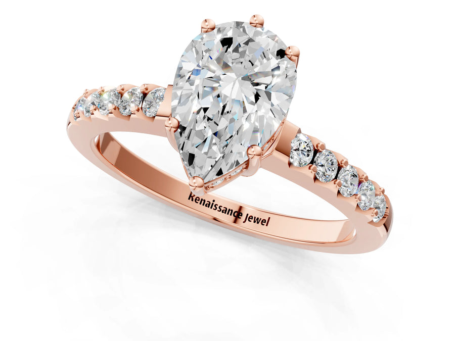 Rose gold Pear Solitaire Diamond Engagement Ring with Pavé Band and Six-Prong Setting