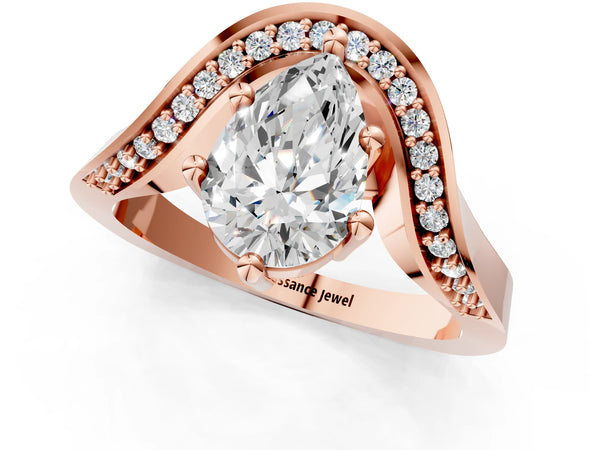 Rose gold Pear Solitaire Diamond Engagement Ring with Pave Band and Four-Prong Setting