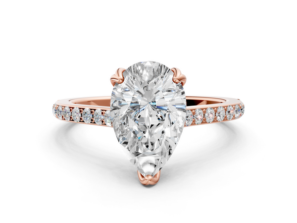 Rose gold Pear Solitaire Diamond Engagement Ring with Pave Band and Six-Prong Setting