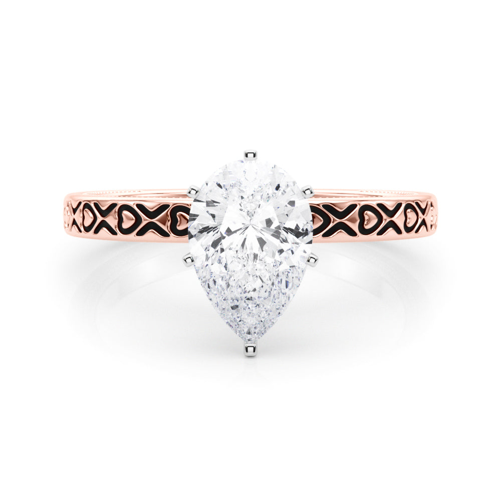 Rose gold Pear Solitaire Diamond Engagement Ring with XO Engraved Band and Four-Prong Setting 1