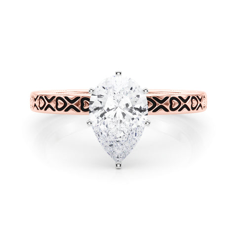 Rose gold Pear Solitaire Diamond Engagement Ring with XO Engraved Band and Four-Prong Setting 1