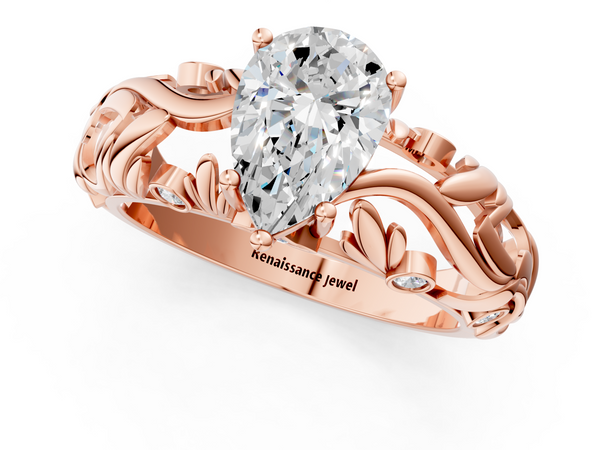 Rose gold Pear Cut Solitaire Diamond Leaf-Inspired Vine Band Ring with Prong Setting