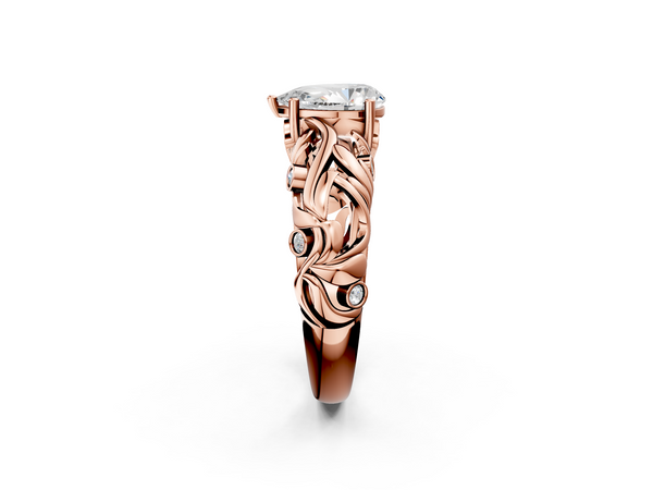 Rose gold Pear Cut Solitaire Diamond Leaf-Inspired Vine Band Ring with Prong Setting