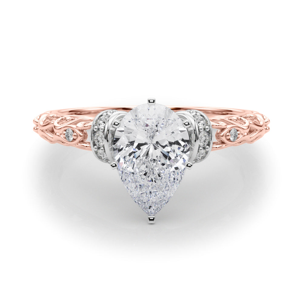 Rose gold Pear Solitaire Diamond Ring with Filigree Band and Four-Prong Setting 1