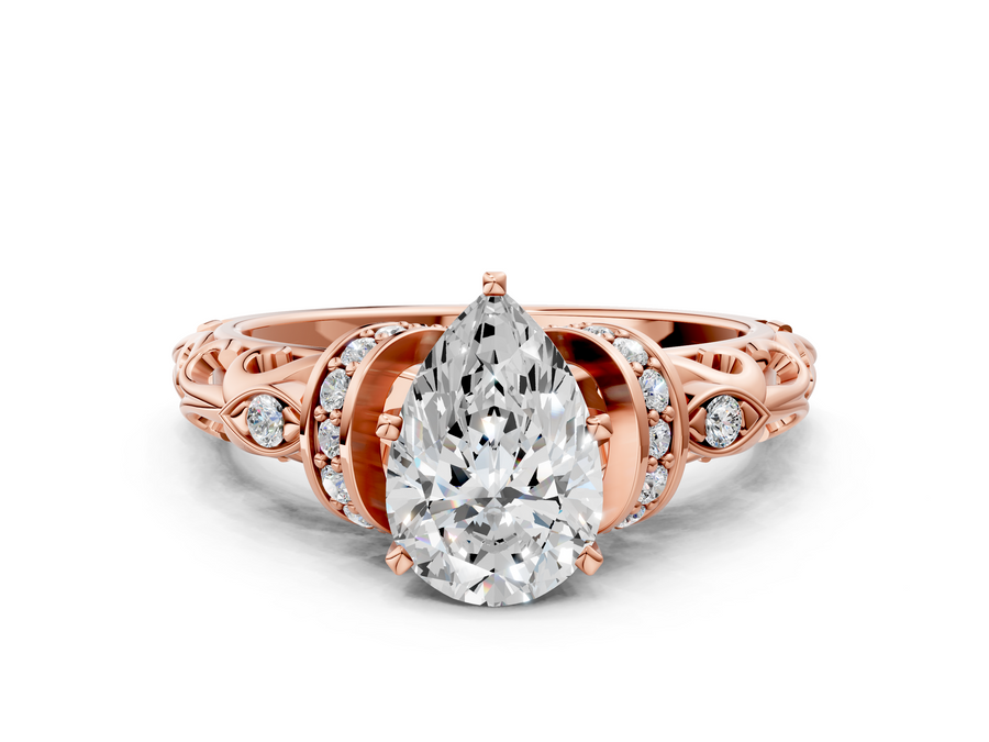 Rose gold Pear Cut Diamond Solitaire Ring with Filigree Band and Four-Prong Setting