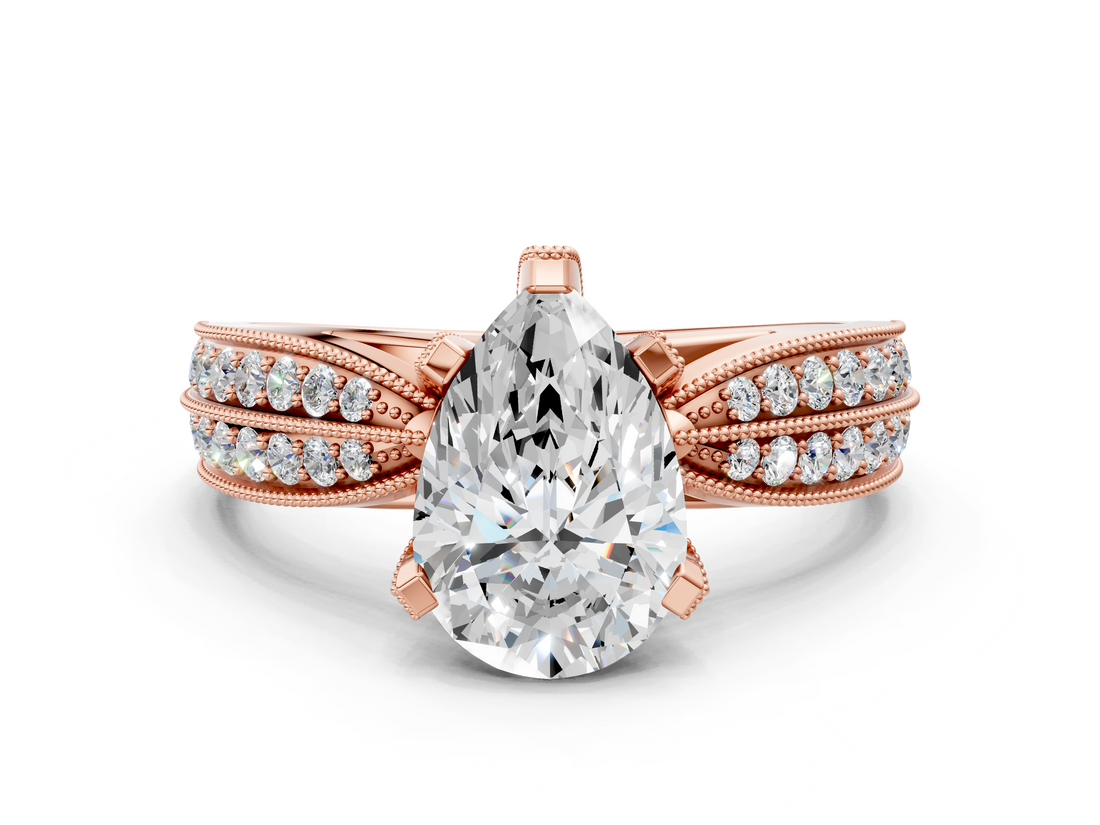 Rose gold Pear Solitaire Diamond Ring with Milgrain Pavé Band and Four-Prong Setting_151