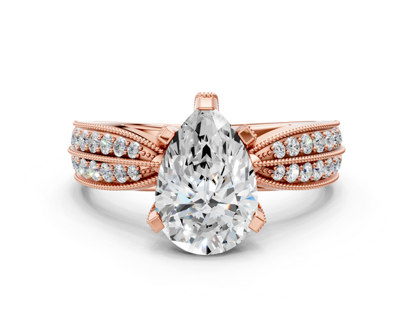 Rose gold Pear Solitaire Diamond Ring with Milgrain Pavé Band and Four-Prong Setting