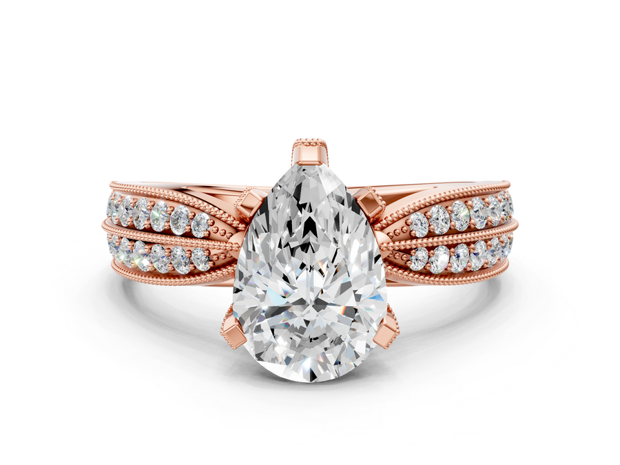 Rose gold Pear Solitaire Diamond Ring with Milgrain Pavé Band and Four-Prong Setting