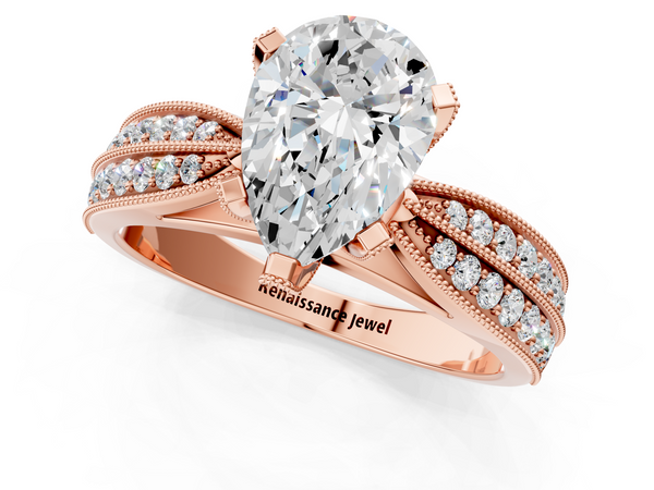 Rose gold Pear Solitaire Diamond Ring with Milgrain Pavé Band and Four-Prong Setting
