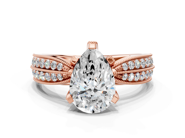 Rose gold Pear Solitaire Diamond Ring with Milgrain Pavé Band and Four-Prong Setting