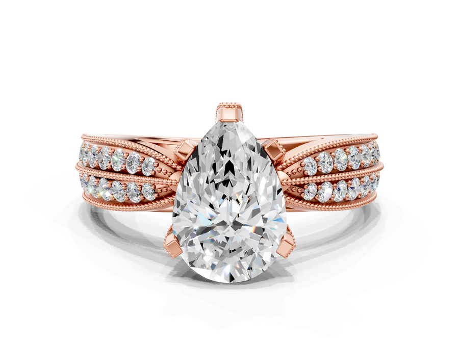 Rose gold Pear Solitaire Diamond Ring with Milgrain Pavé Band and Four-Prong Setting