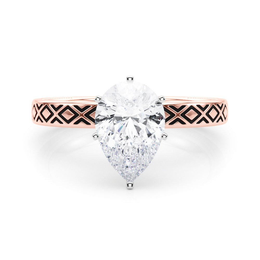 Rose gold Pear Solitaire Diamond Ring with Milgrain and Black Enamel X Pattern Band 1