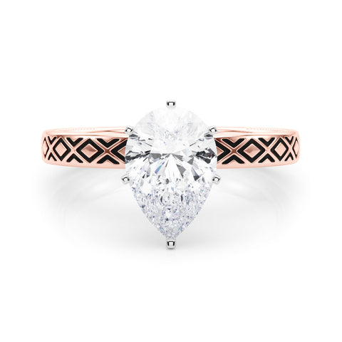 Rose gold Pear Solitaire Diamond Ring with Milgrain and Black Enamel X Pattern Band 1