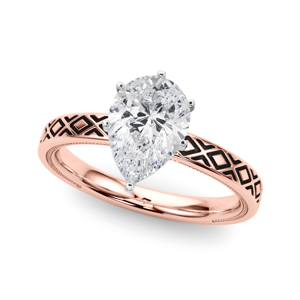 Rose gold Pear Solitaire Diamond Ring with Milgrain and Black Enamel X Pattern Band