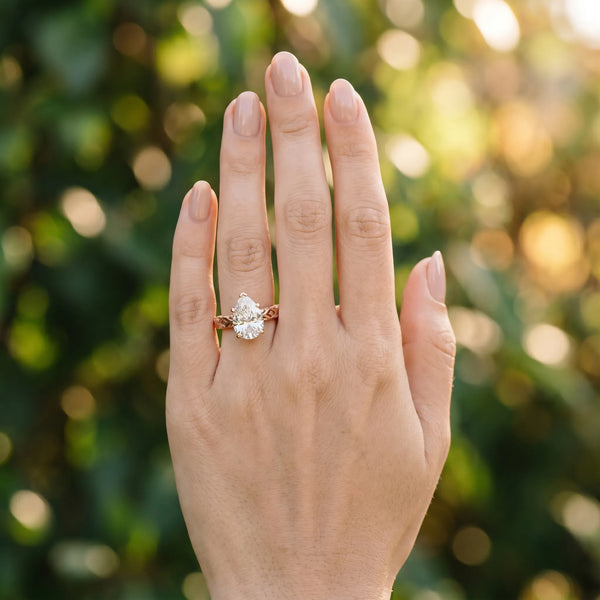 Rose gold Pear Solitaire Diamond Ring with Milgrain and Black Enamel X Pattern Band