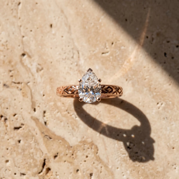 Rose gold Pear Solitaire Diamond Ring with Milgrain and Black Enamel X Pattern Band