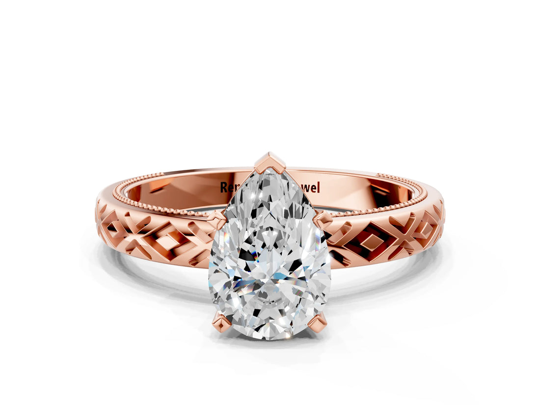Rose gold Pear Solitaire Diamond Ring with Milgrain and Black Enamel X Pattern Band_169