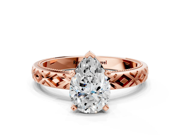 Rose gold Pear Solitaire Diamond Ring with Milgrain and Black Enamel X Pattern Band