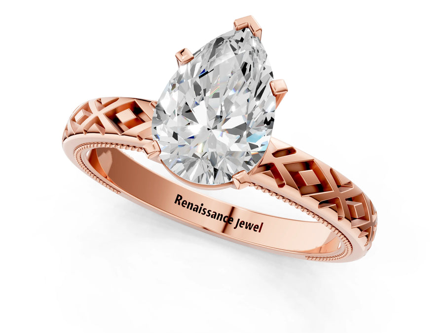 Rose gold Pear Solitaire Diamond Ring with Milgrain and Black Enamel X Pattern Band