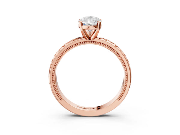 Rose gold Pear Solitaire Diamond Ring with Milgrain and Black Enamel X Pattern Band