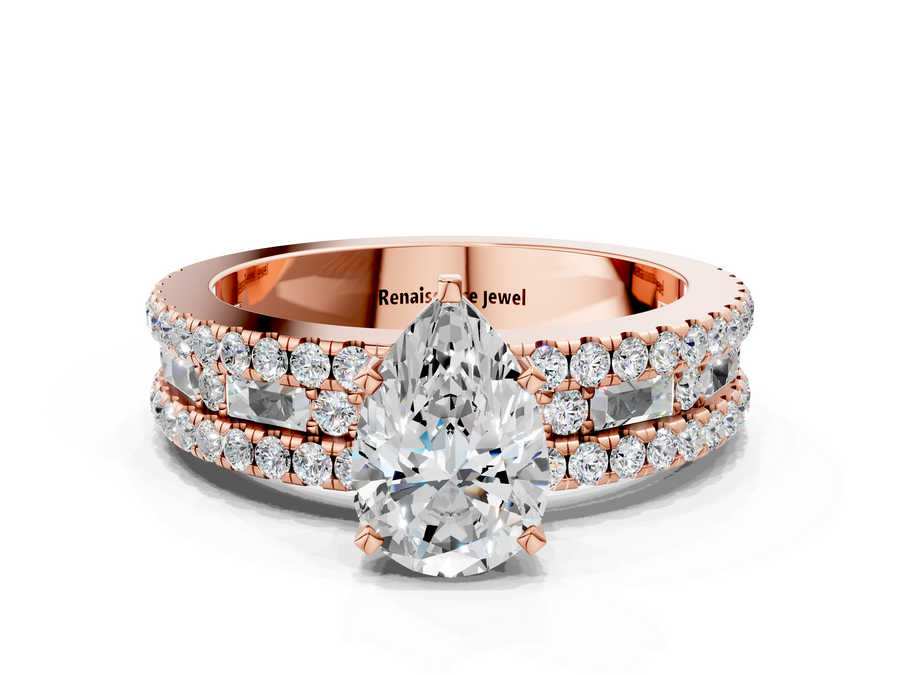 Rose gold Pear Cut Diamond Solitaire Ring with Pavé and Channel Set Band