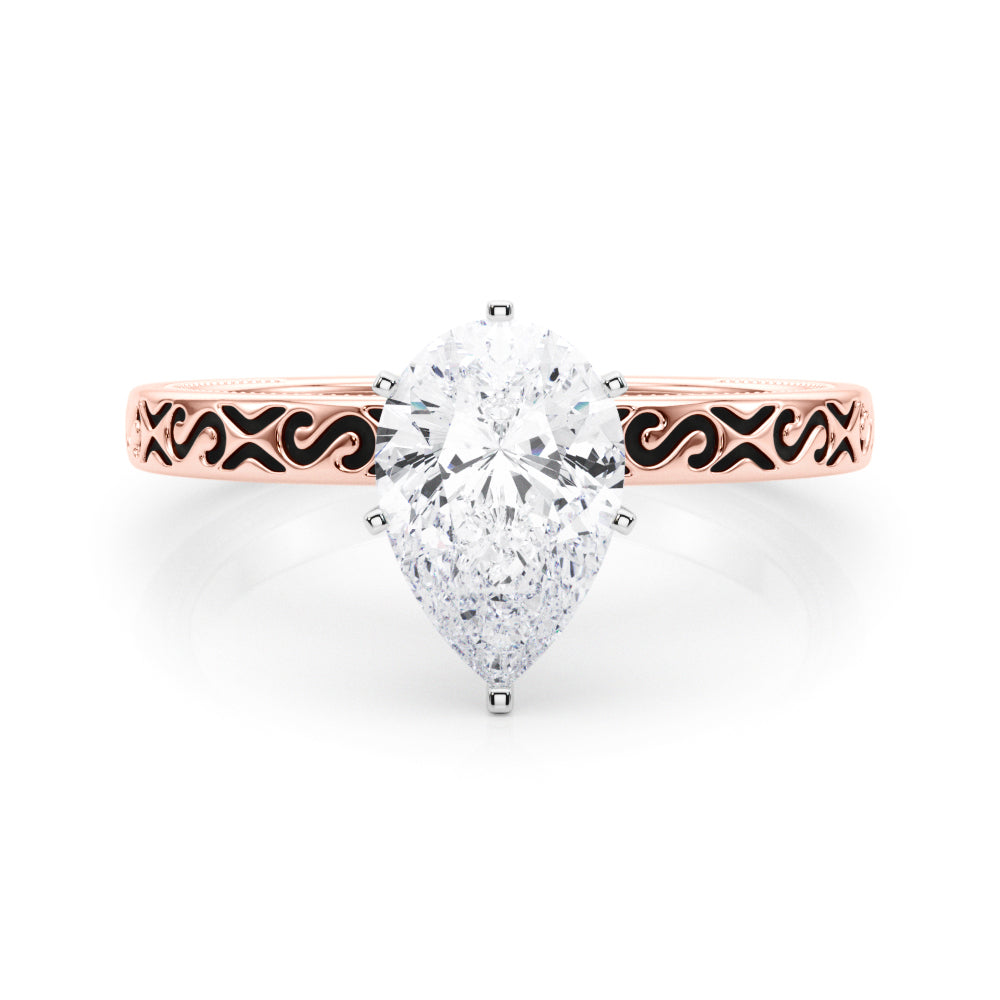 Rose gold Pear Solitaire Engagement Ring with Scrollwork Band and Four-Prong Setting 1