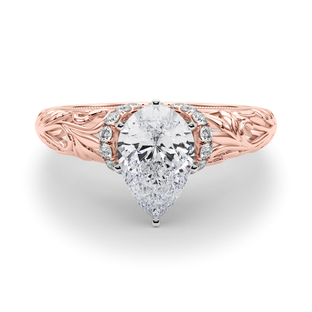 Rose gold Pear Solitaire Filigree Engagement Ring with Halo and Prong Setting 1